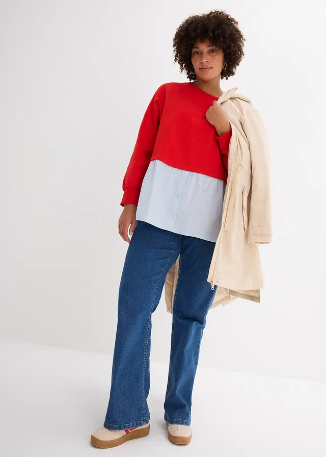 Jean bootcut taille mi-haute, extensible, Couleur: bleu