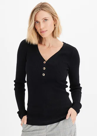 Pull côtelé en viscose mélangée, Couleur: noir