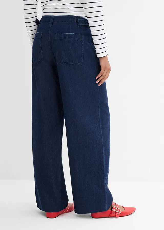 Straight stretch jeans mid waist, Kleur: donkerblauw denim