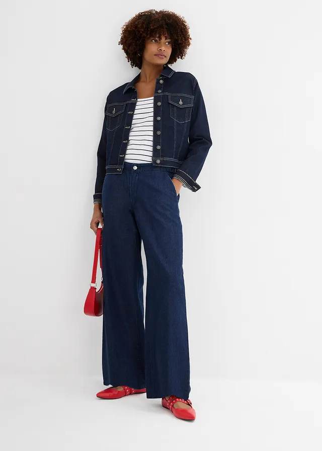 Dżinsy wide leg, mid waist, kolor: granatowy denim unwashed