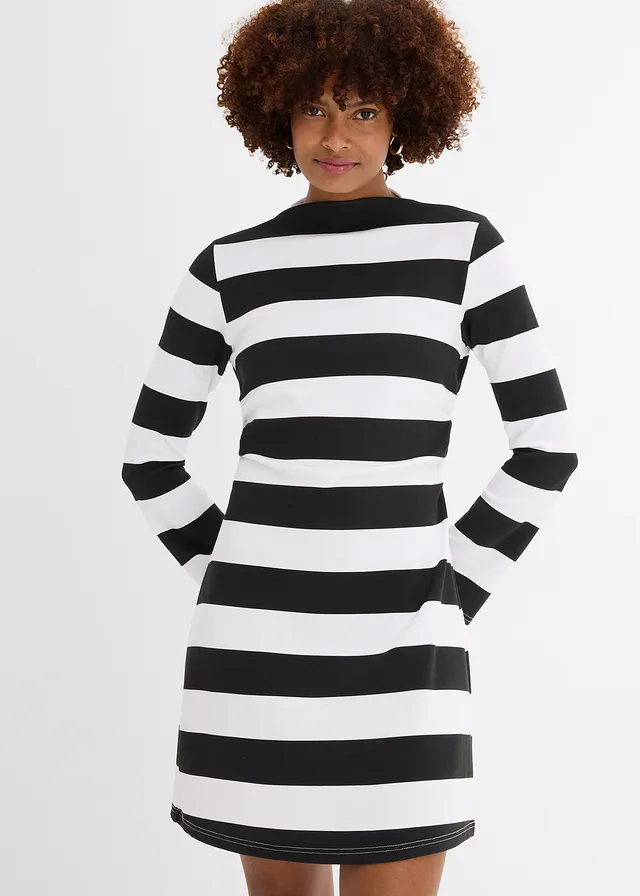 Robe en jersey à col montant, Couleur: noir/blanc rayé