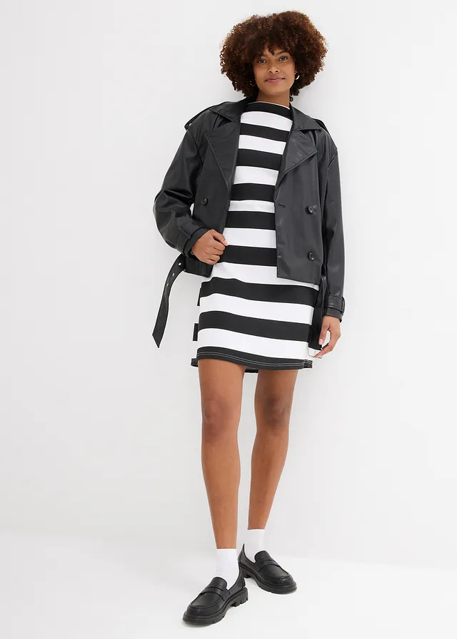Robe en jersey à col montant, Couleur: noir/blanc rayé
