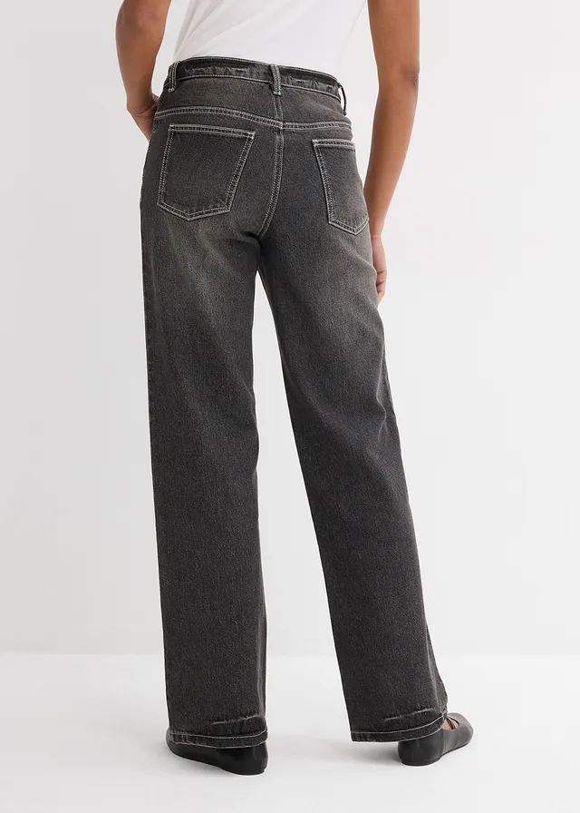 Loose Straight farmer • fekete denim, használt hatású • bonprix áruház