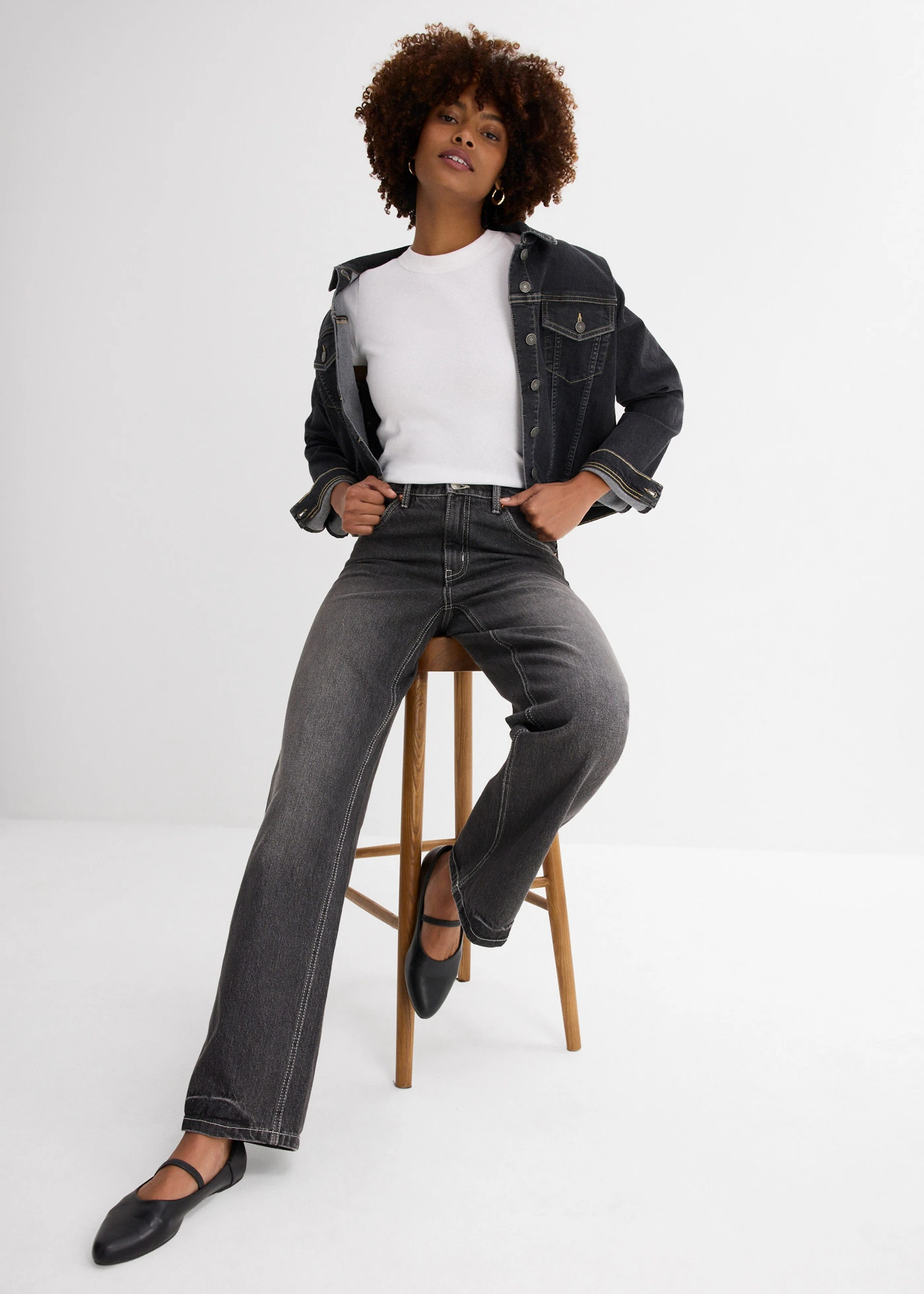 Loose Straight farmer • fekete denim, használt hatású • bonprix áruház