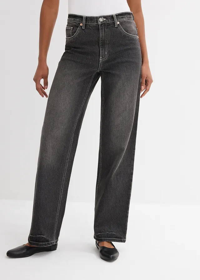 Loose Straight farmer • fekete denim, használt hatású • bonprix áruház