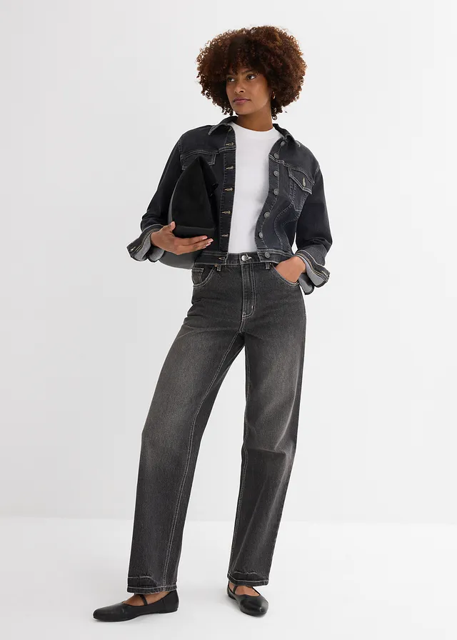 Dżinsy loose, prosta nogawka • czarny denim "used" • sklep bonprix