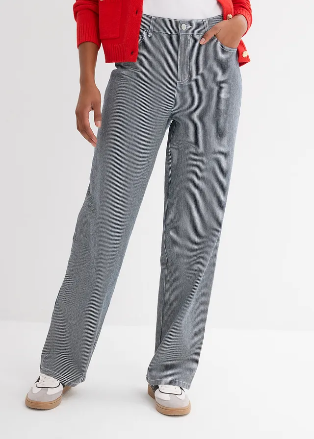 Dżinsy straight o luźnym kroju, high waist, w paski, kolor: granatowo-biały w paski