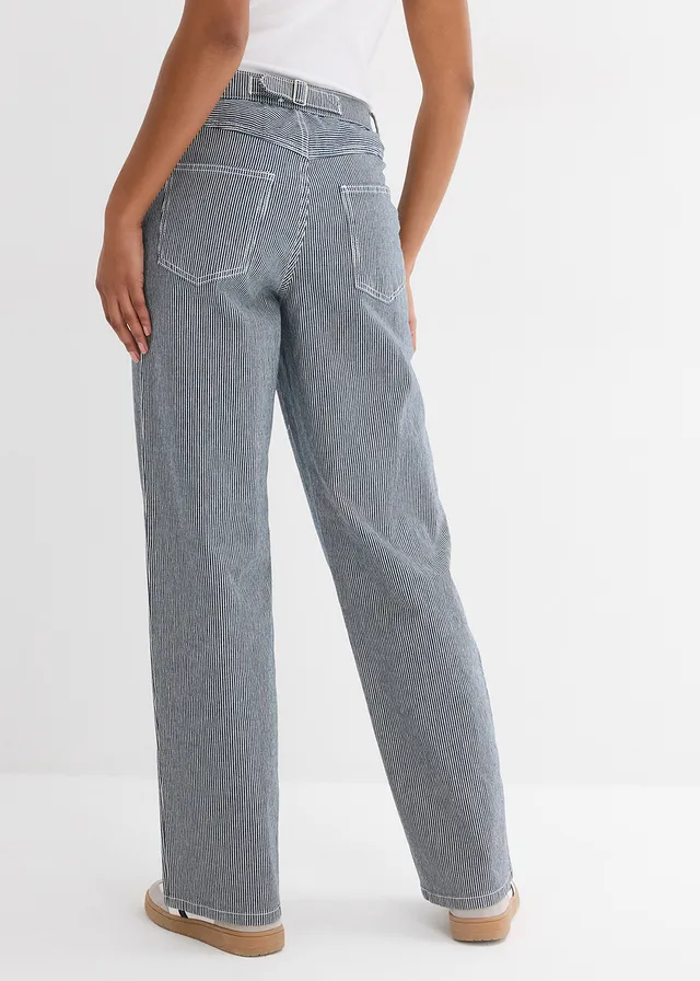 Blugi drepți în dungi cu talie înaltă, lejeri, culoare: albastru întunecat denim/alb cu dungi