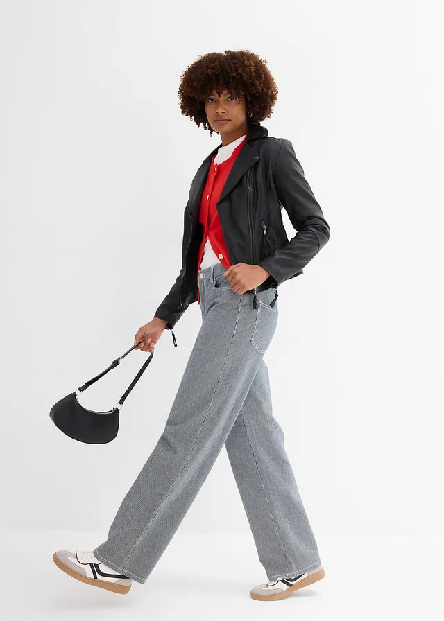 Jean droit loose, taille haute, rayé • bleu nuit denim-blanc rayé • product-page.page-title-suffix