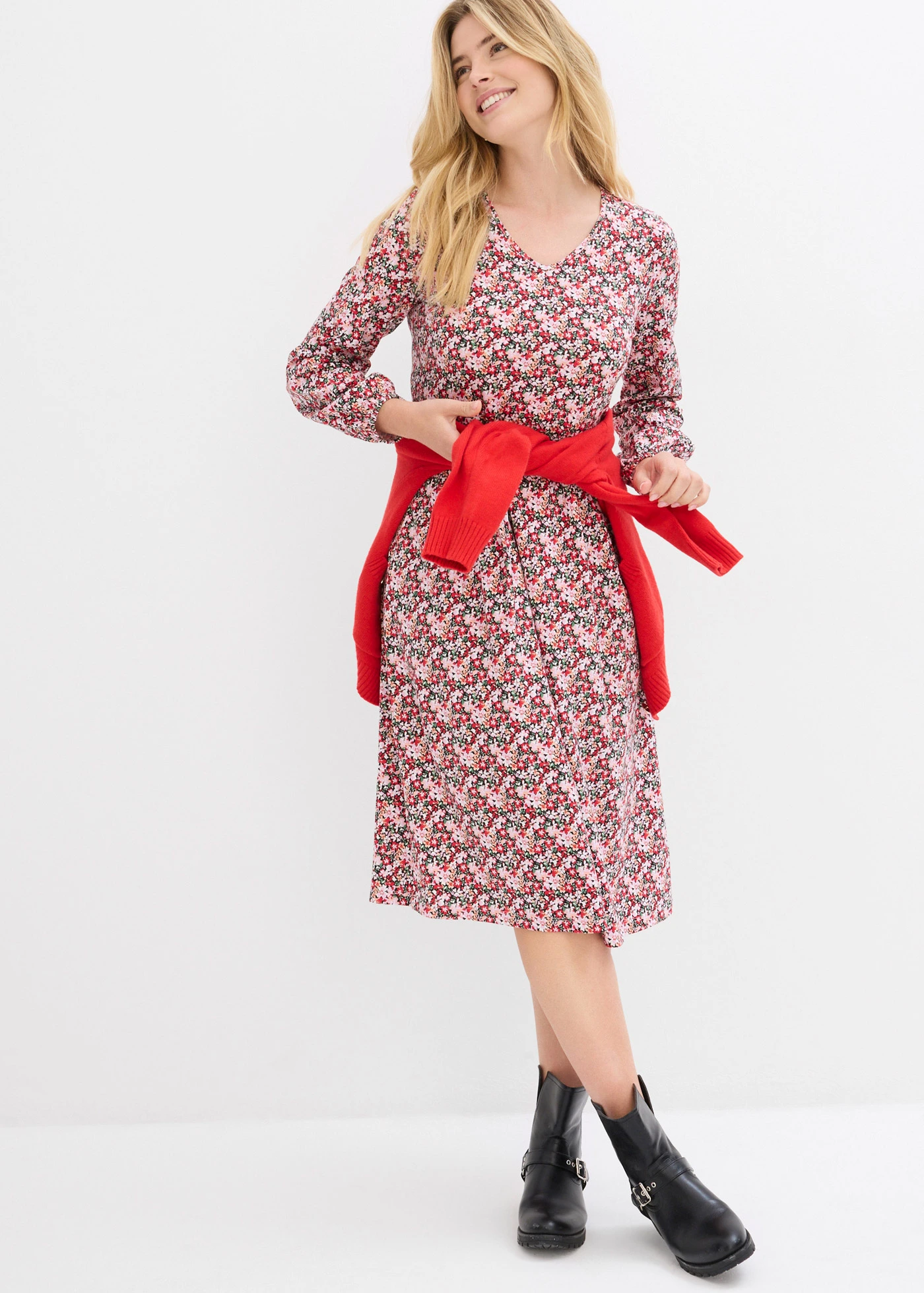 Midi jurk van katoen-jersey • aardbeirood gebloemd • bonprix online shop