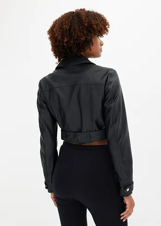 Kurtka biker cropped, ze sztucznej skóry • czarny • sklep bonprix