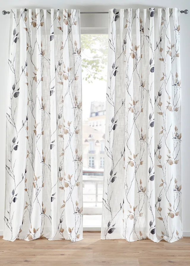 Gordijn met twijgen (1 stuk), Kleur: wit-sand-grijs gebloemd
