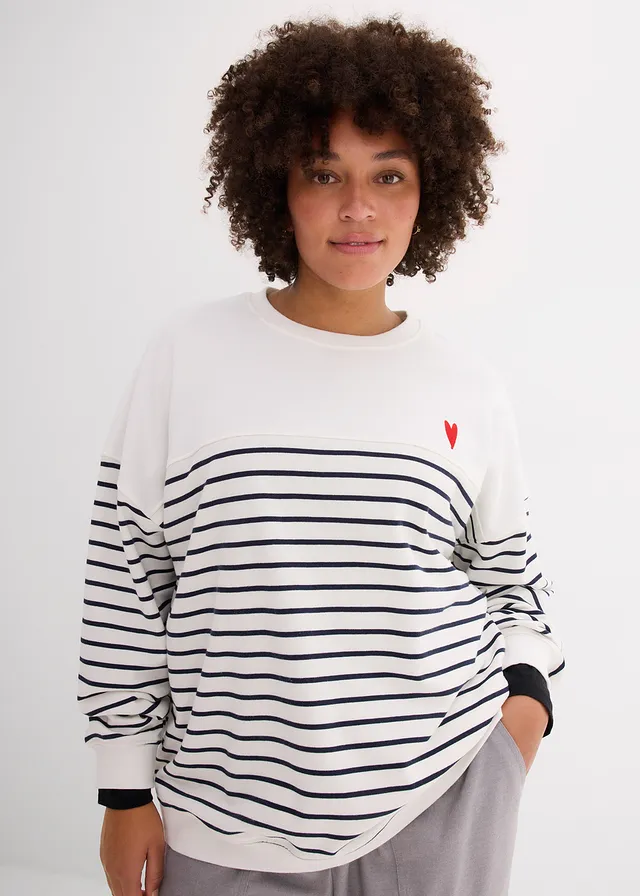 Sweat oversize en coton mélangé, Couleur: écru/bleu foncé rayé