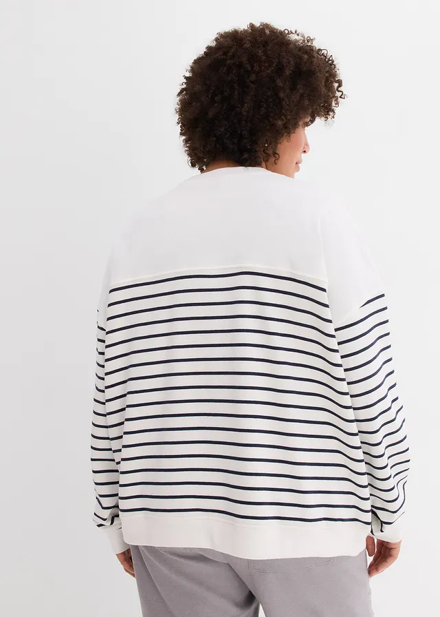 Sweat oversize en coton mélangé, Couleur: écru/bleu foncé rayé