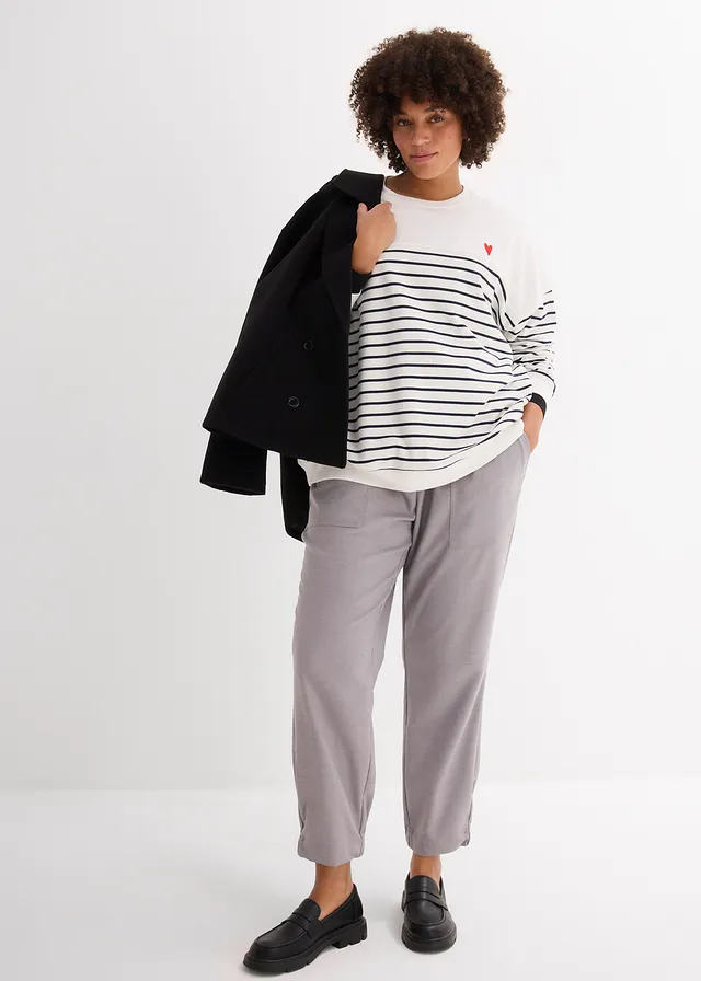Sweat oversize en coton mélangé, Couleur: écru/bleu foncé rayé