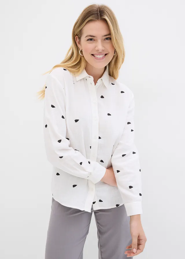 Chemisier en gaze de coton à motif cœurs, Couleur: blanc/noir imprimé