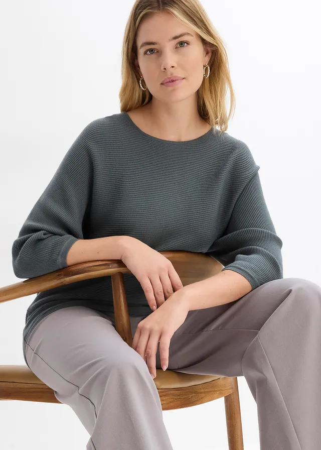 Pulover ripsat oversize, din material cu viscoză • verde eucalipt • magazin bonprix