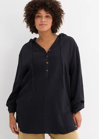 Mousseline blouse van katoen, Kleur: zwart
