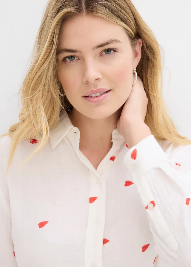 Mousselline blouse met hartjes • wit-aardbeirood gedessineerd • product-page.page-title-suffix