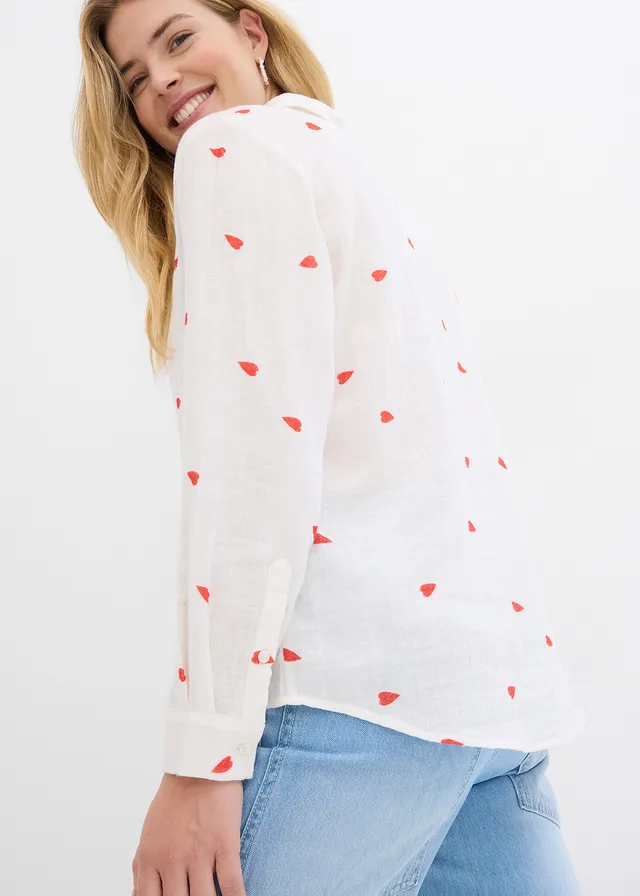 Mousselline blouse met hartjes • wit-aardbeirood gedessineerd • product-page.page-title-suffix