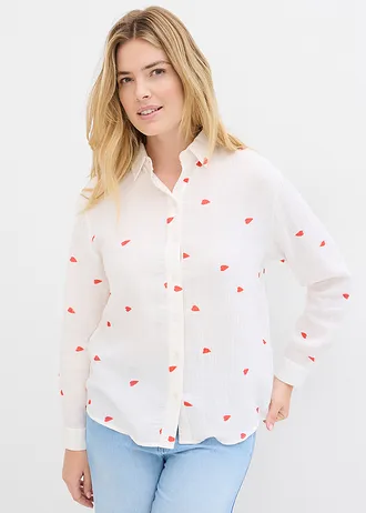 Chemisier en gaze de coton à motif cœurs, Couleur: blanc-fraise imprimé