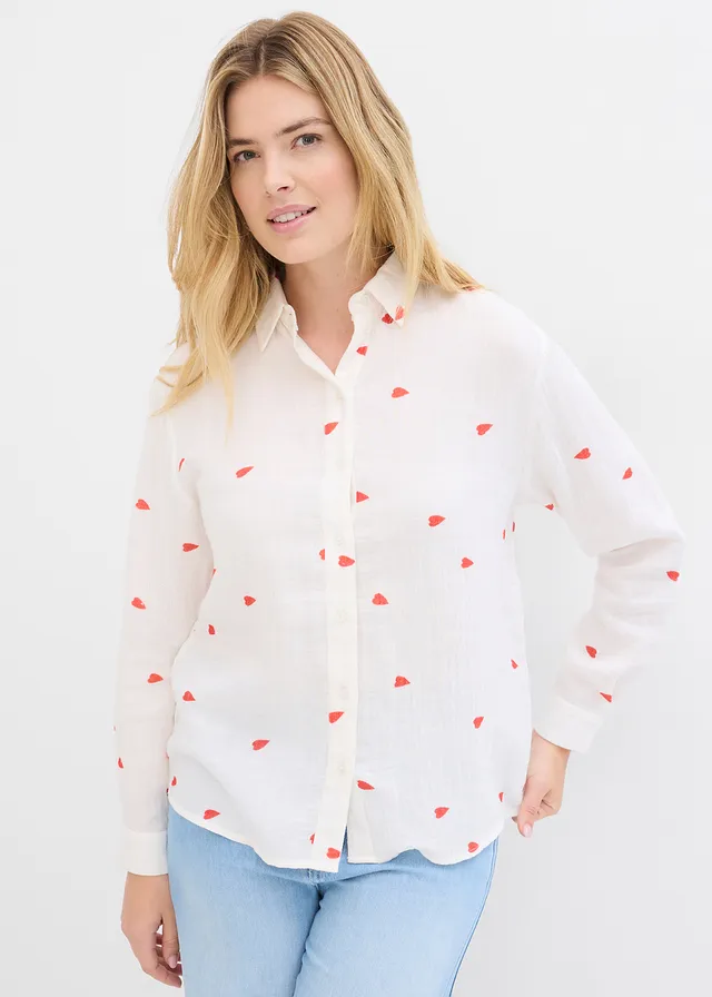 Mousselline blouse met hartjes, Kleur: wit-aardbeirood gedessineerd