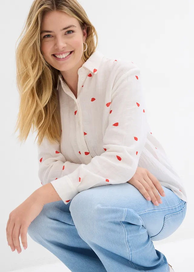 Mousselline blouse met hartjes • wit-aardbeirood gedessineerd • product-page.page-title-suffix