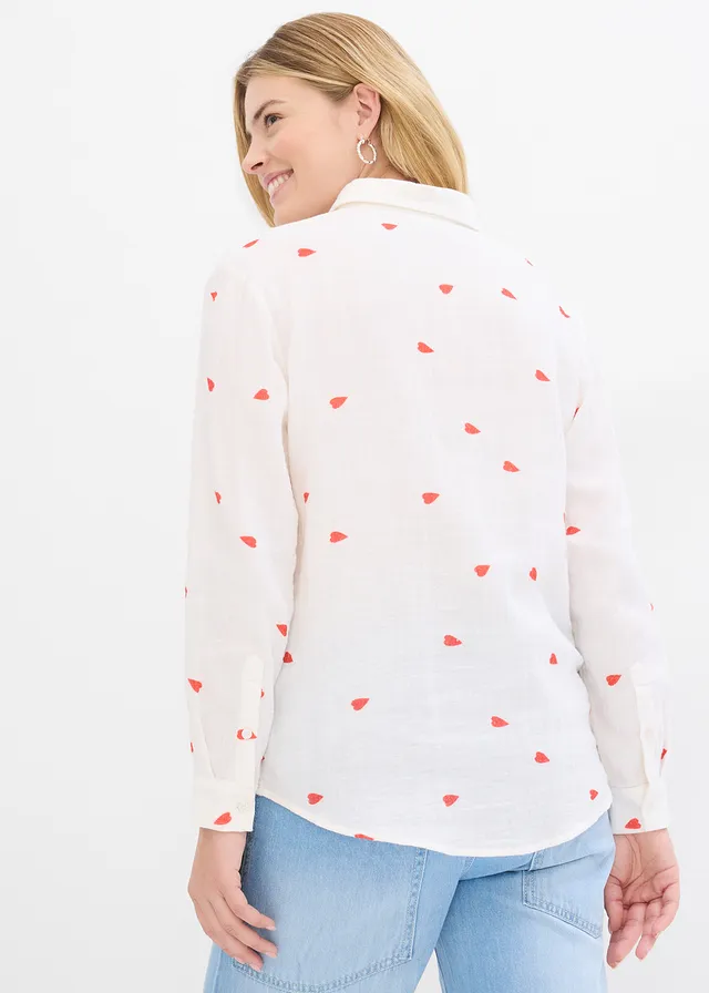 Mousselline blouse met hartjes, Kleur: wit-aardbeirood gedessineerd