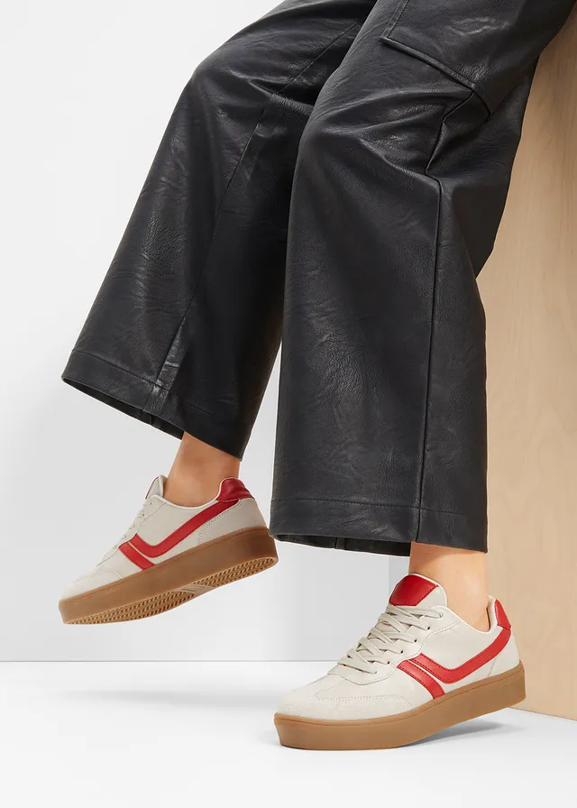 Plateau sneakers in retrolook, Kleur: lichtsand-rood
