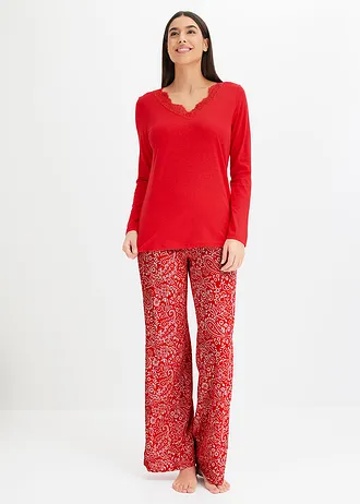 Pyjama met wijde pijpen en viscose, Kleur: aardbeirood