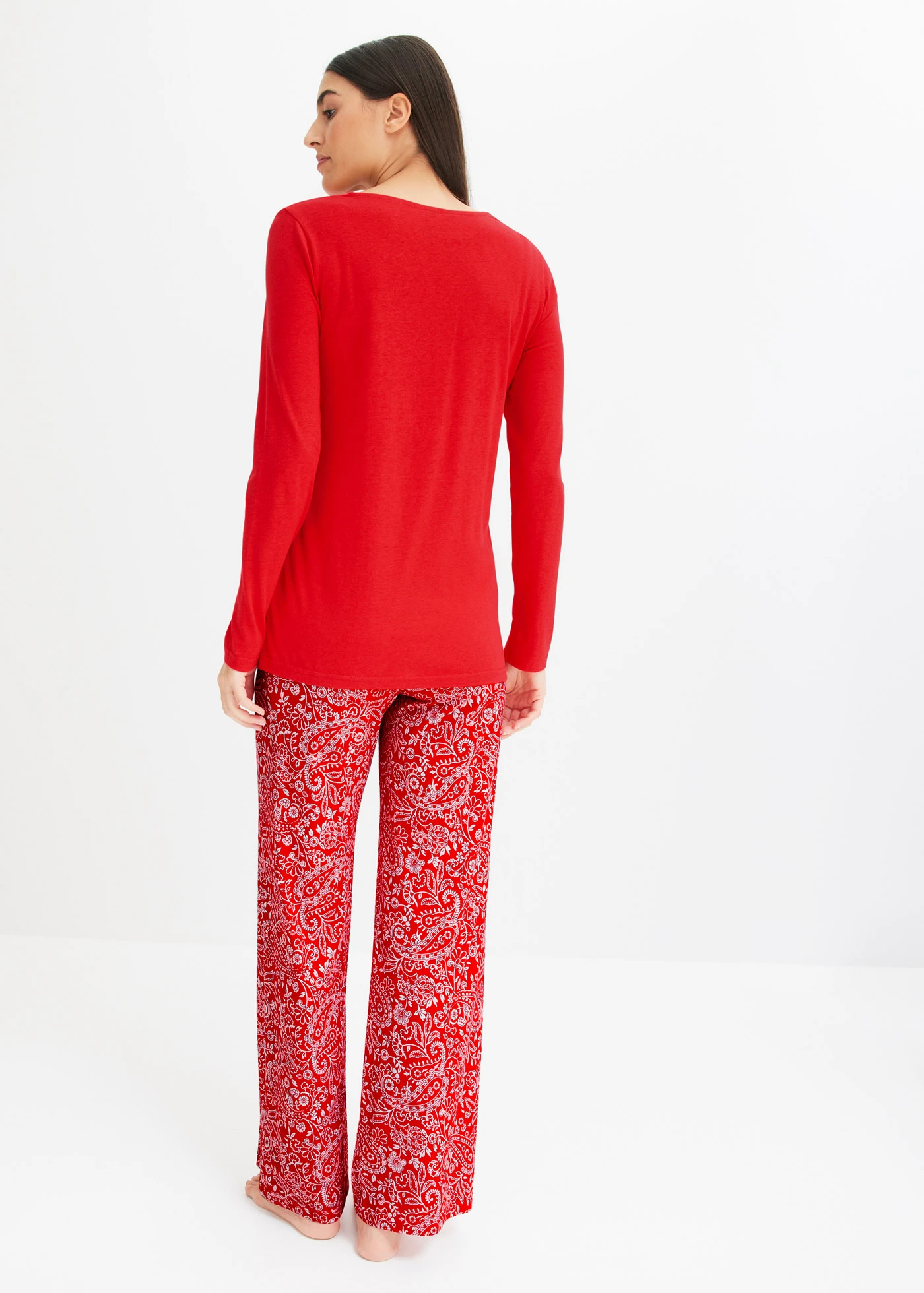 Pyjama met wijde pijpen en viscose • aardbeirood • bonprix online shop