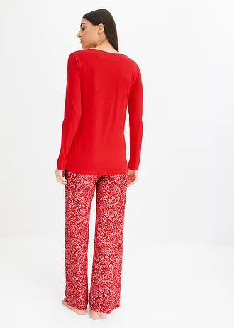 Pyjama met wijde pijpen en viscose, Kleur: aardbeirood