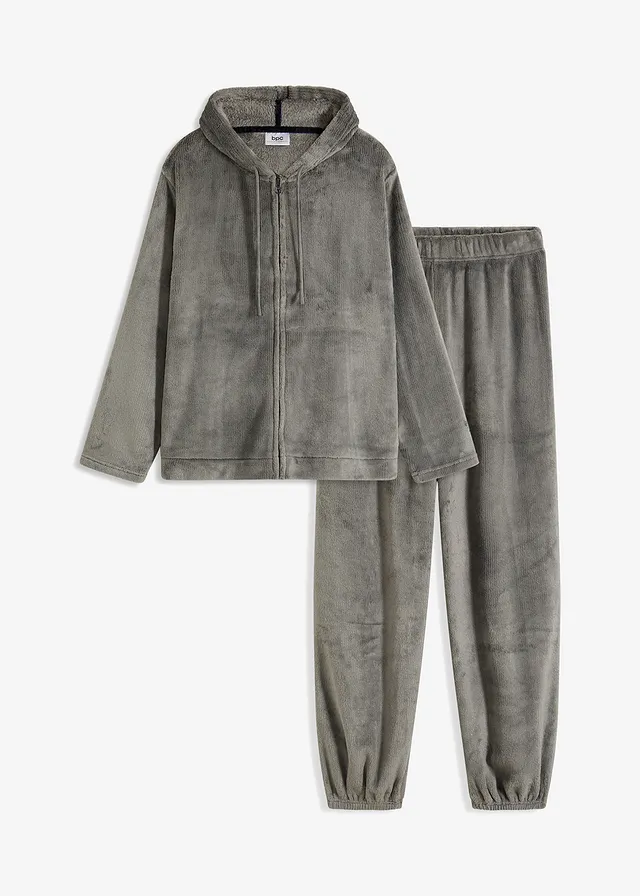 Costum de casă din fleece moale • negru dungat • magazin bonprix