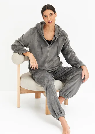 Costum de casă din fleece moale • negru dungat • magazin bonprix