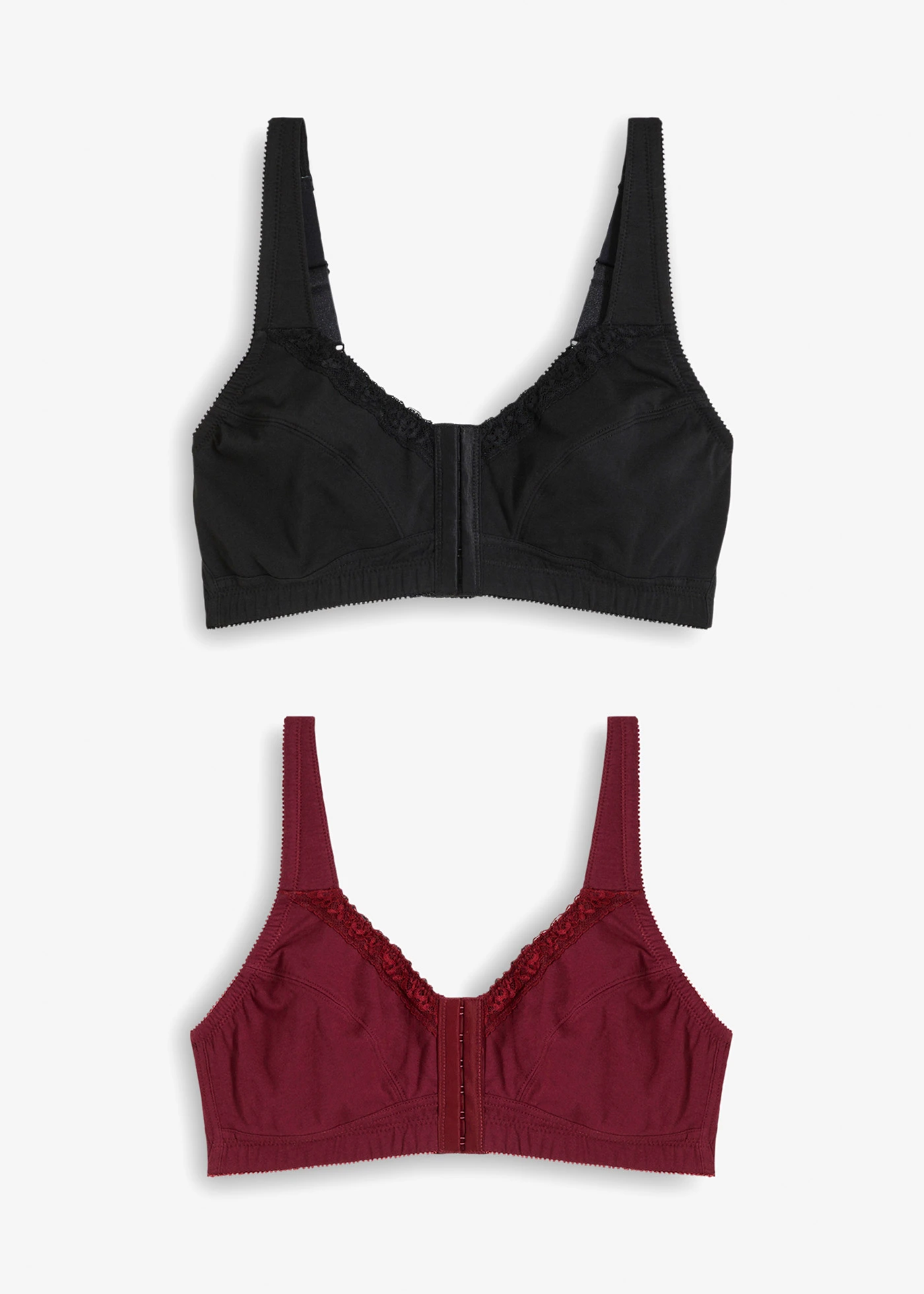 Sutien fără armătură, cu închidere frontală, cu bumbac (set/2 buc.) • negru+roșu-azalee • magazin bonprix