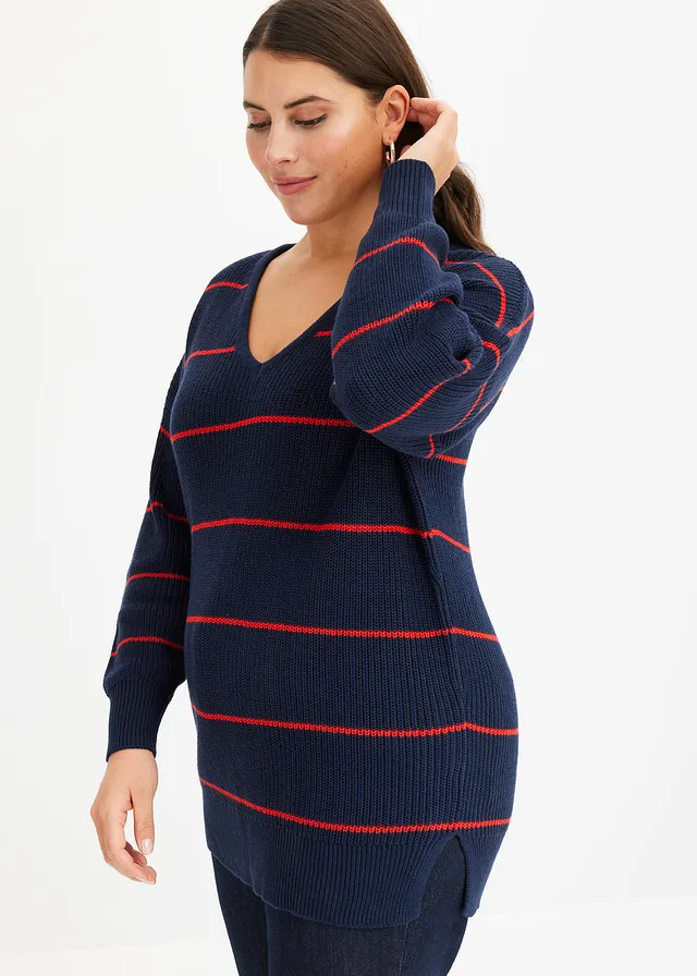 Pull oversize, Couleur: bleu foncé/fraise rayé