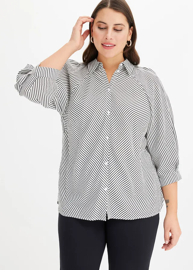 Blouse, Kleur: wolwit/zwart gestreept