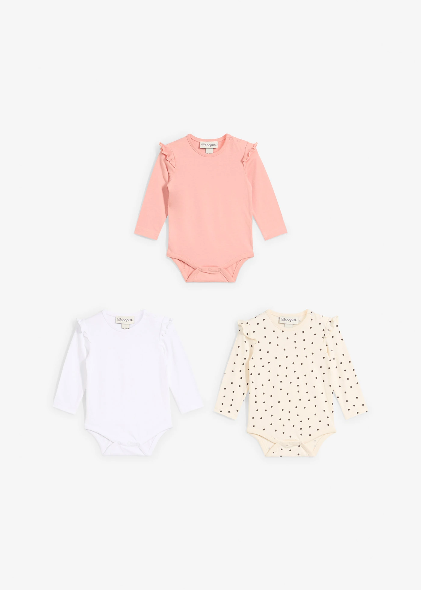 Lot de 3 bodies bébé volantés 100% coton • vieux rose + blanc + beige naturel pois • Boutique bonprix