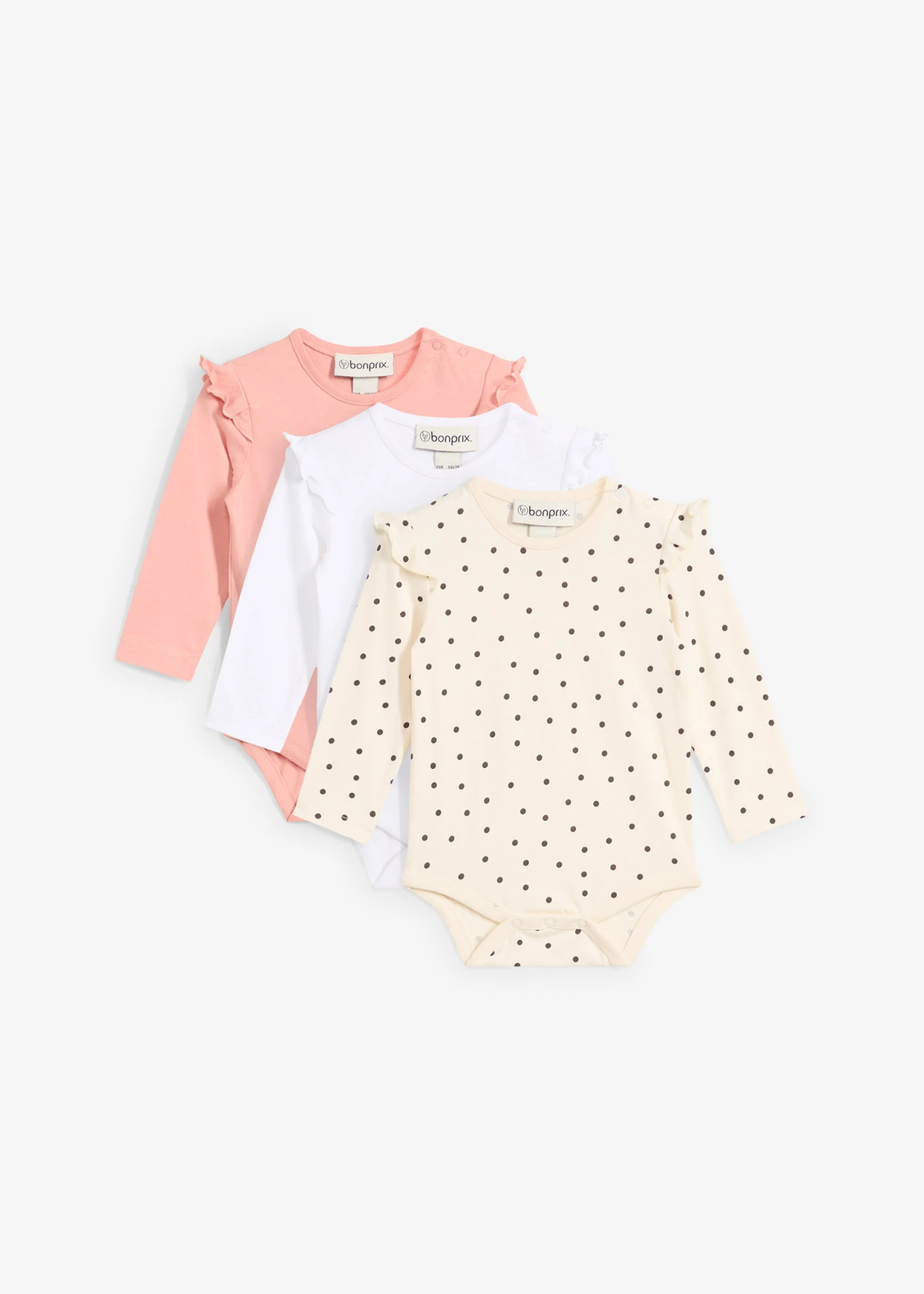 Body bebe cu mâneci lungi și cu volănașe, din bumbac organic (set/3 buc.) • roz antic+alb+bej natur cu puncte • magazin bonprix
