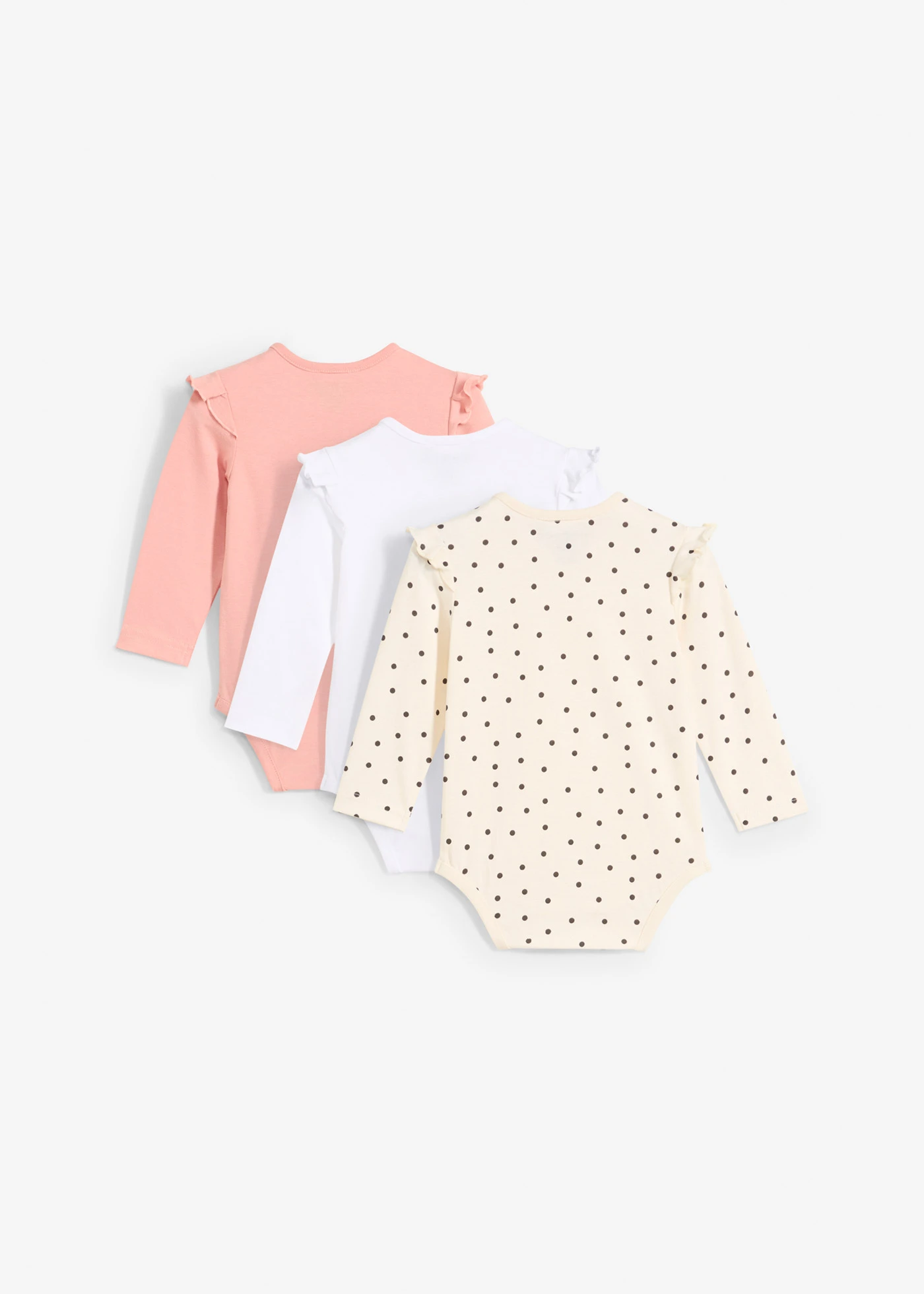 Body bebe cu mâneci lungi și cu volănașe, din bumbac organic (set/3 buc.) • roz antic+alb+bej natur cu puncte • magazin bonprix