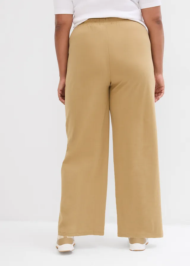 Wijde jersey broek van interlock, Kleur: kakibruin