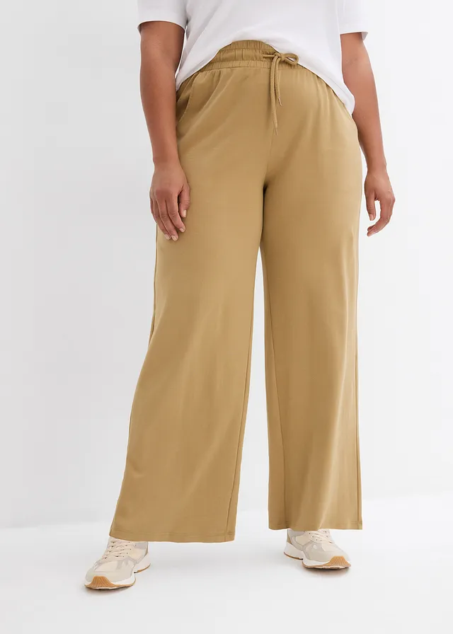 Wijde jersey broek van interlock, Kleur: kakibruin
