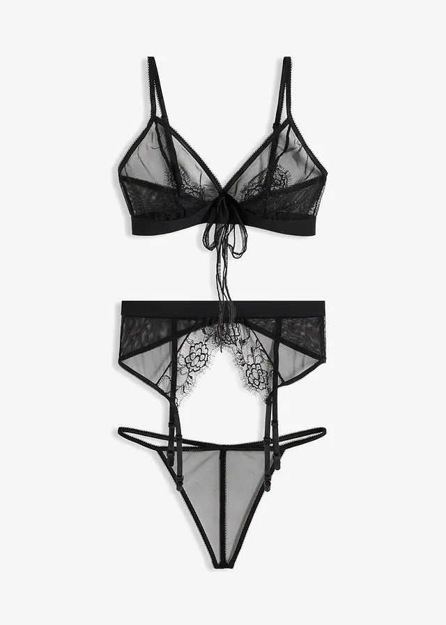 Sutien bralette, chiloți string+portjartier (set/3piese)