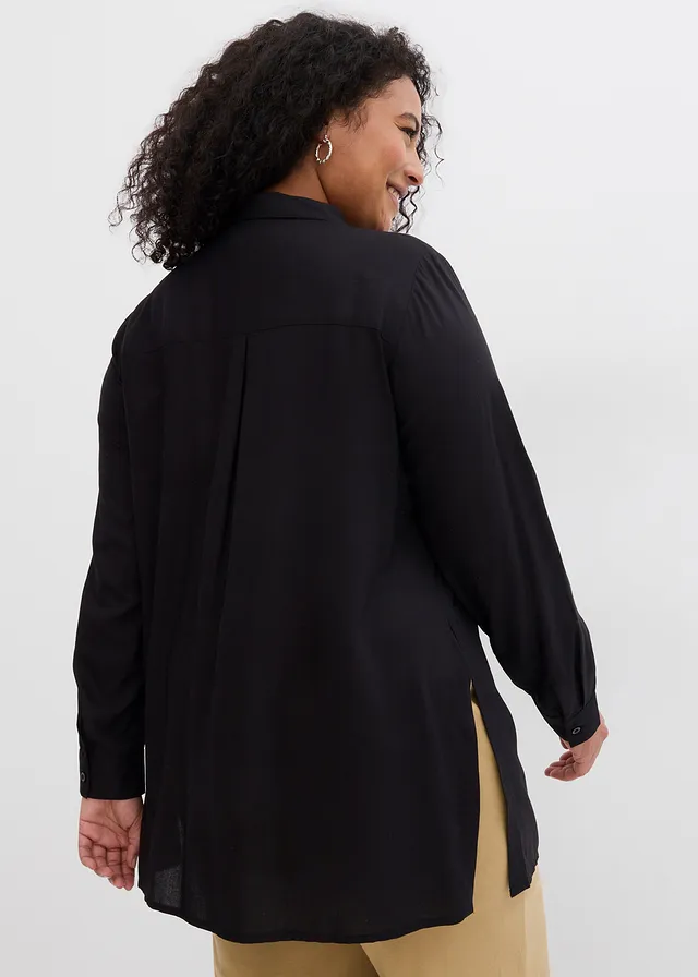 Chemisier long en viscose fluide, fendu sur les côtés, Couleur: noir