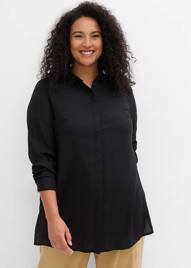 Lange blouse met splitten van soepel vallende viscose, Kleur: zwart