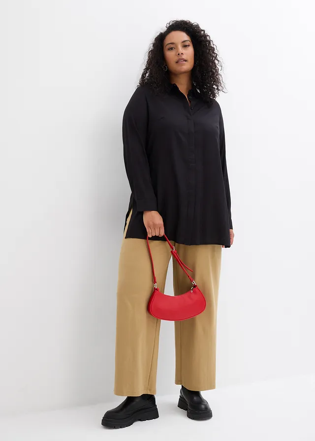 Lange blouse met splitten van soepel vallende viscose, Kleur: zwart