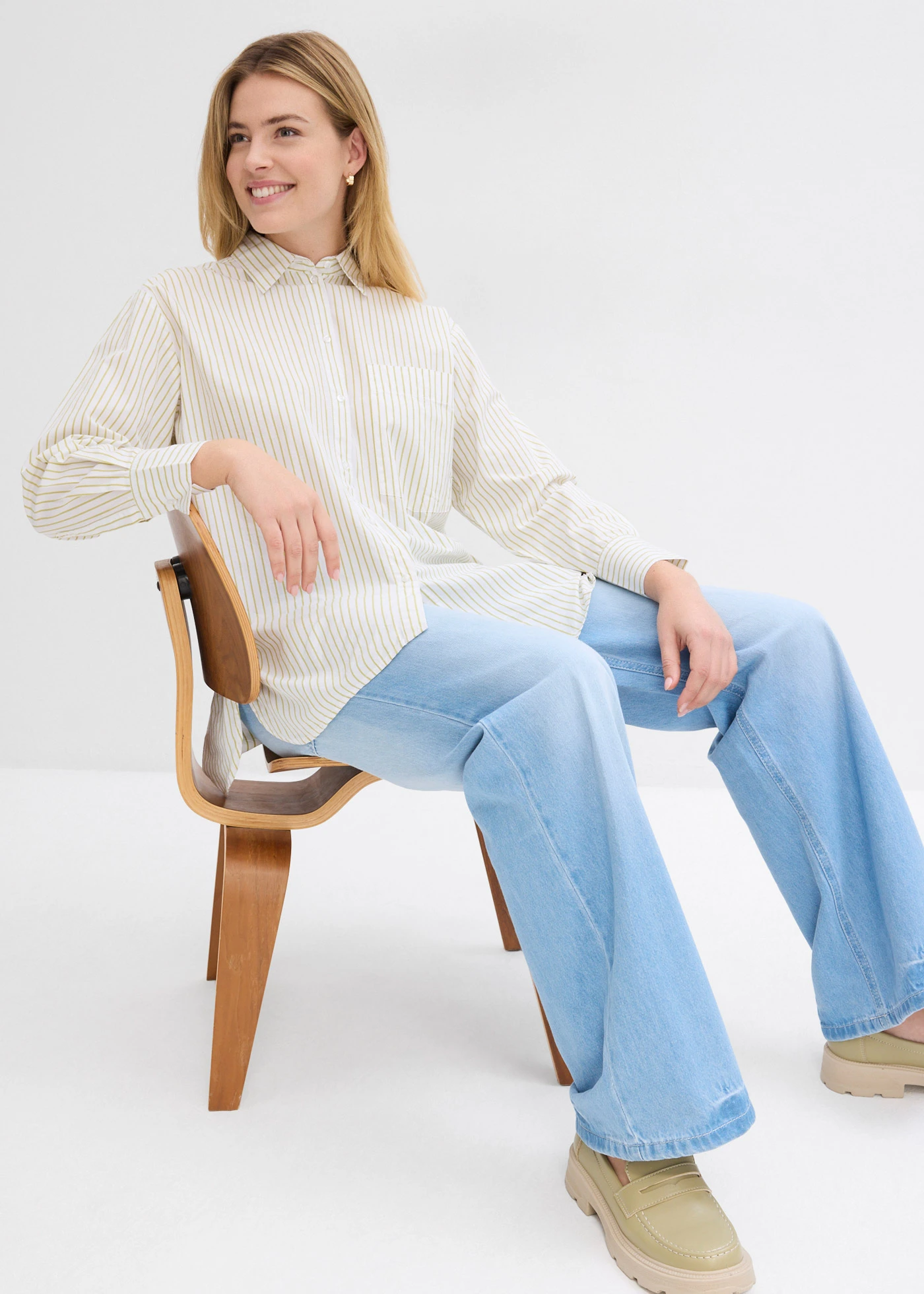 Bluzka koszulowa w paski • pistacjowy matowy-biały w paski • sklep bonprix