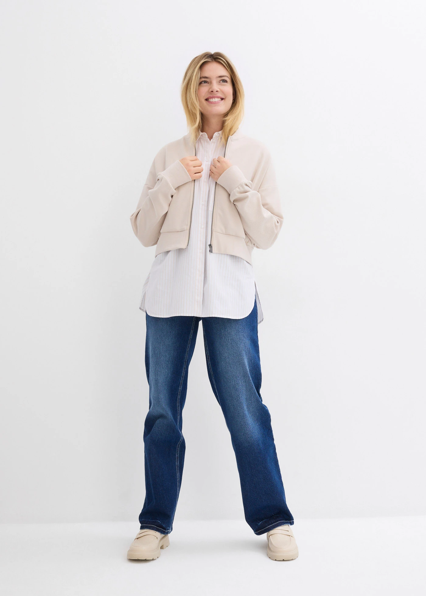 Bluzka koszulowa w paski • jasny piaskowy - biały w paski • sklep bonprix