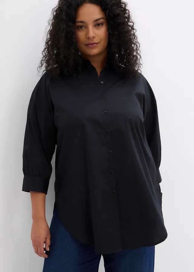 Cămașă oversize cu mâneci 3/4, din bumbac, culoare: negru
