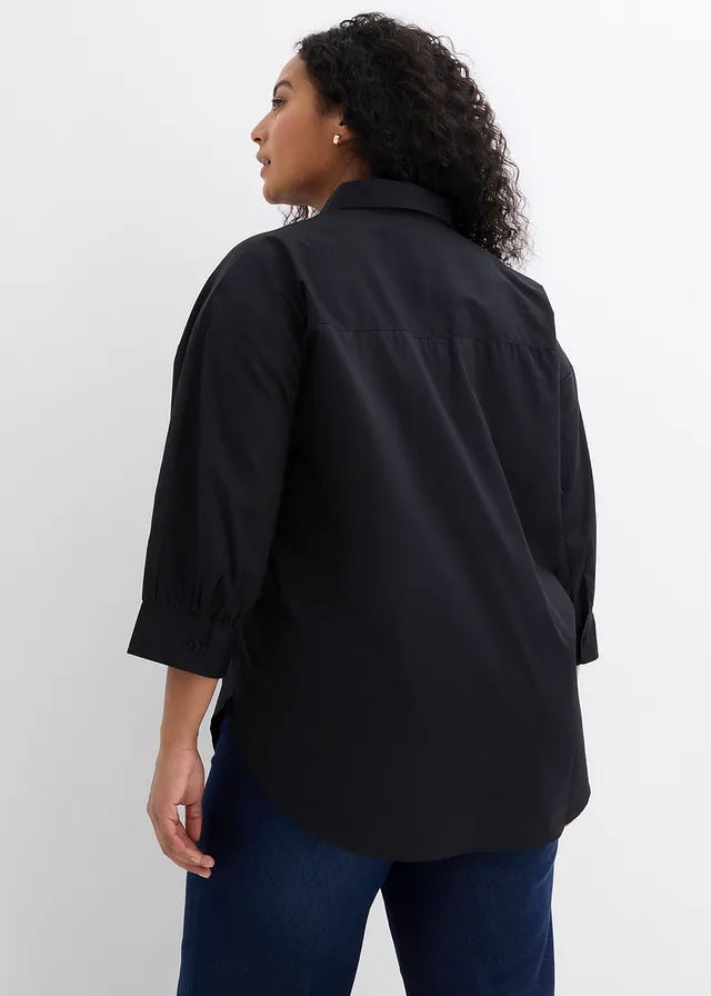 Oversized blouse van katoen met 3/4 mouwen, Kleur: zwart